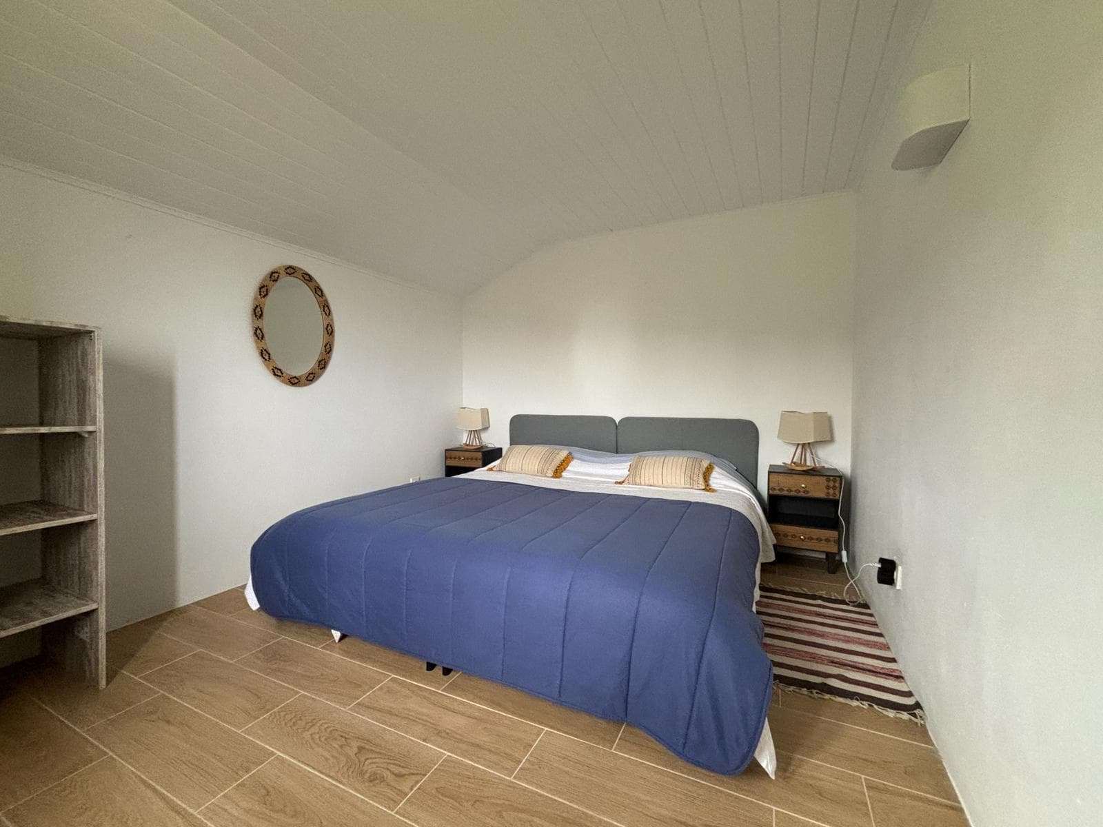A quiet bedroom with lamps glowing either side of the bed